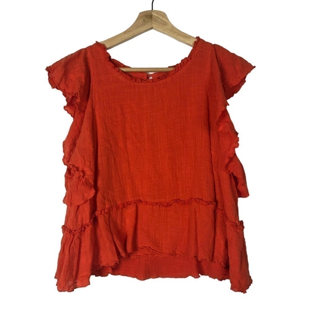 Anthropologie‎ Maeve Red Orange Ruffle Tiered Short Sleeve Blouse S
